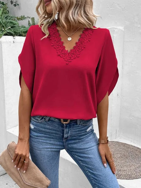 Ella - Stylisches & gemütliches lässiges Spitzen-V-Ausschnitt-Top für Frauen